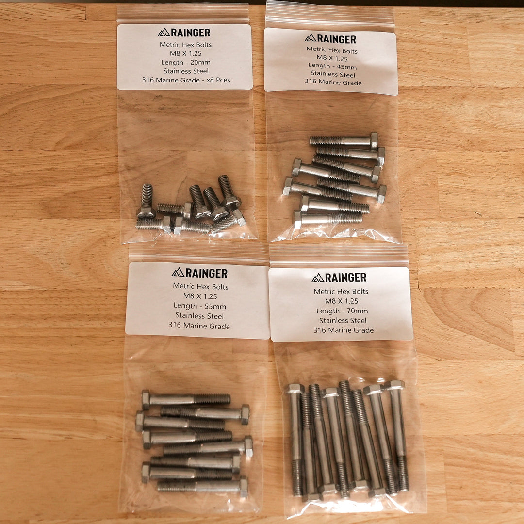 Rainger M8 x 1.25mm 316 Marine Grade Stainless Hex Bolt Kit – 8 Pack ( 20mm / 45mm / 55mm / 70mm )