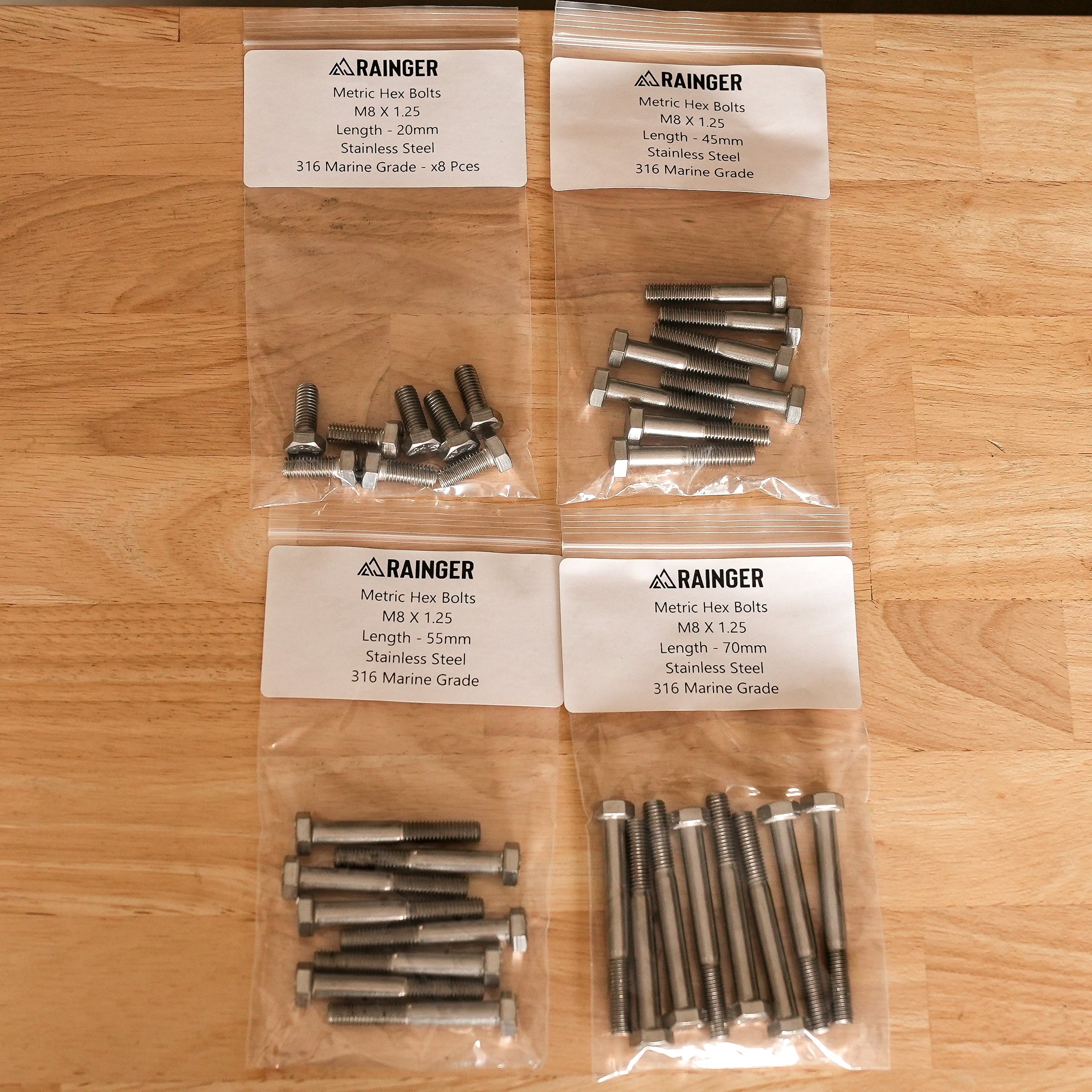 Rainger M8 x 1.25mm 316 Marine Grade Stainless Hex Bolt Kit – 8 Pack ( 20mm / 45mm / 55mm / 70mm )