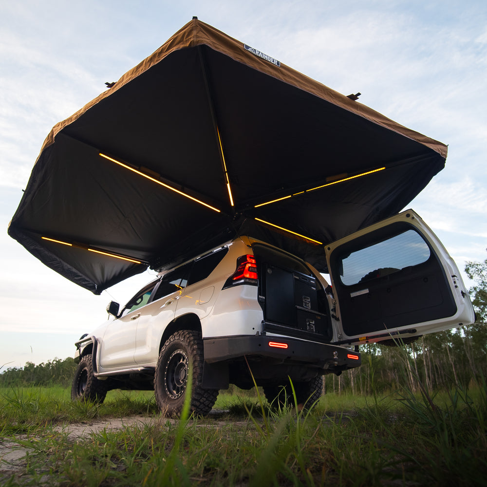 Rainger NEW – Rainger Duo 6ARM 270 Degree Awning – 2.0M D Zip for RTT in desert tan – hardshell roof top tent