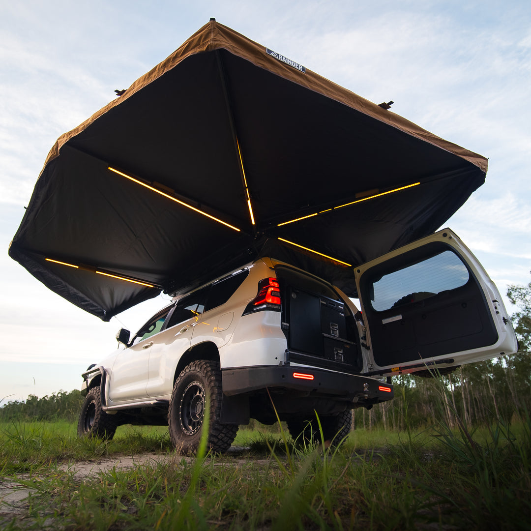 Rainger NEW – Rainger Duo 6ARM 270 Degree Awning – 2.0M D Zip for RTT in desert tan – hardshell roof top tent
