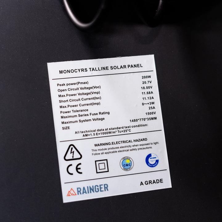 Rainger REVO 200W All-Black Monocrystalline PERC Solar Panel – Nutsert Mounting – 182mm Cells detail view