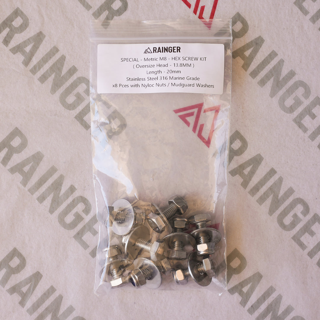 Rainger - SPECIAL M8 Hex Screw Kit - Oversize 13.8mm Head - 316 Stainless 8 Pack - Suits Awning Rear Slot &amp; M8 Channel Sliders