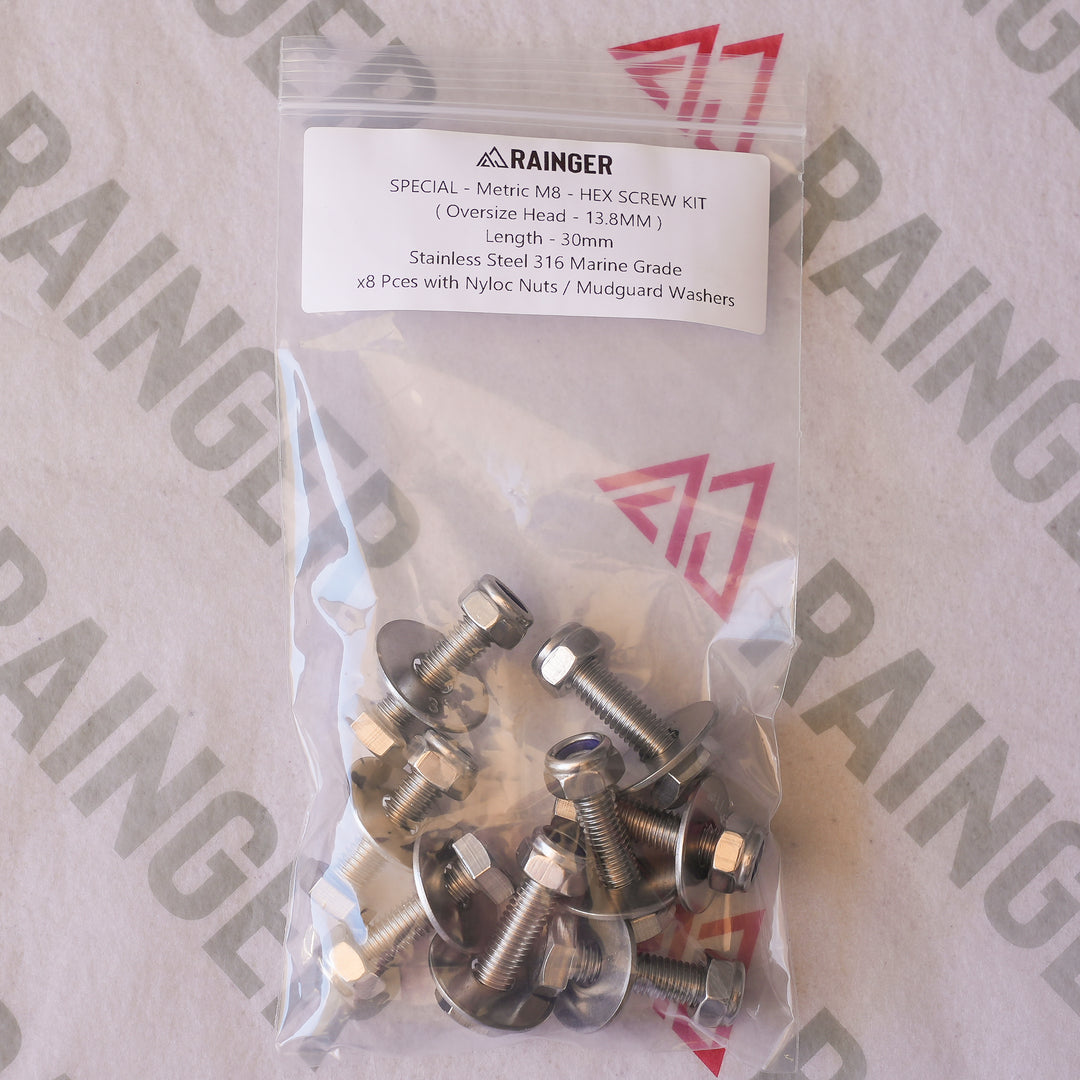 Rainger - SPECIAL M8 Hex Screw Kit - Oversize 13.8mm Head - 316 Stainless 8 Pack - Suits Awning Rear Slot &amp; M8 Channel Sliders
