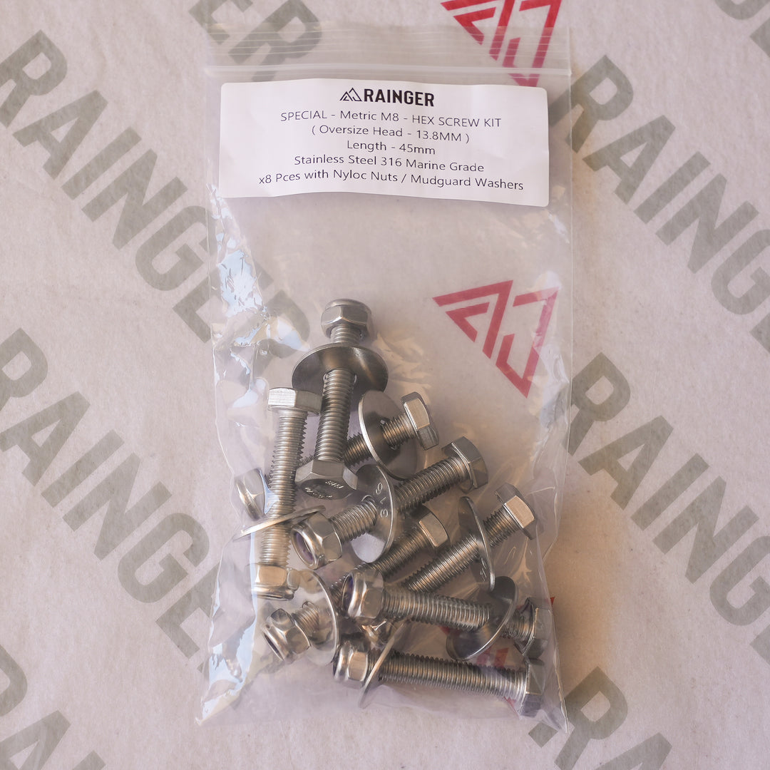 Rainger - SPECIAL M8 Hex Screw Kit - Oversize 13.8mm Head - 316 Stainless 8 Pack - Suits Awning Rear Slot &amp; M8 Channel Sliders