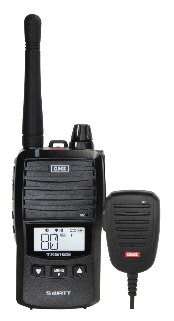 GME TX6165XM 5 Watt handheld UHF CB radio with IP67 speaker microphone